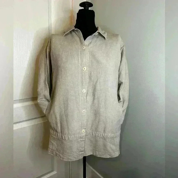 Eileen Fisher Vintage 100% Linen Womens M Beige Button Front Pockets Tunic Top - Picture 3 of 10